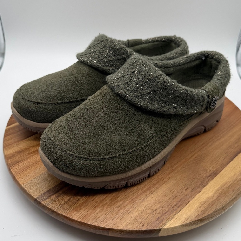 Skechers Commute Size 8 1/2 Time Olive Green Suede Knit Clog Mules Wide Fit 0749